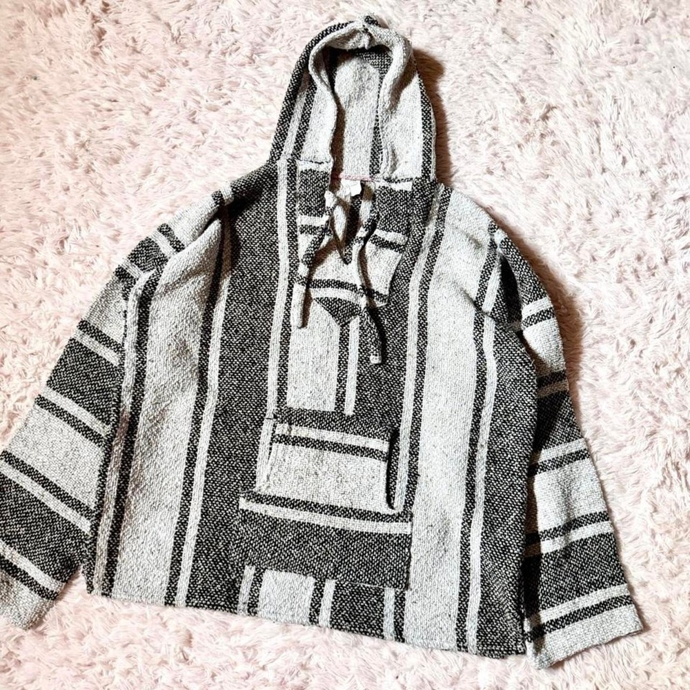 Woven Baja‎ Drug Rug Granola Stoner Festival Hoodie Mens XL Hippie Natural